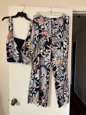 Mavi Navy Floral Wide-Leg Pants with Matching Crop Top from anthropology